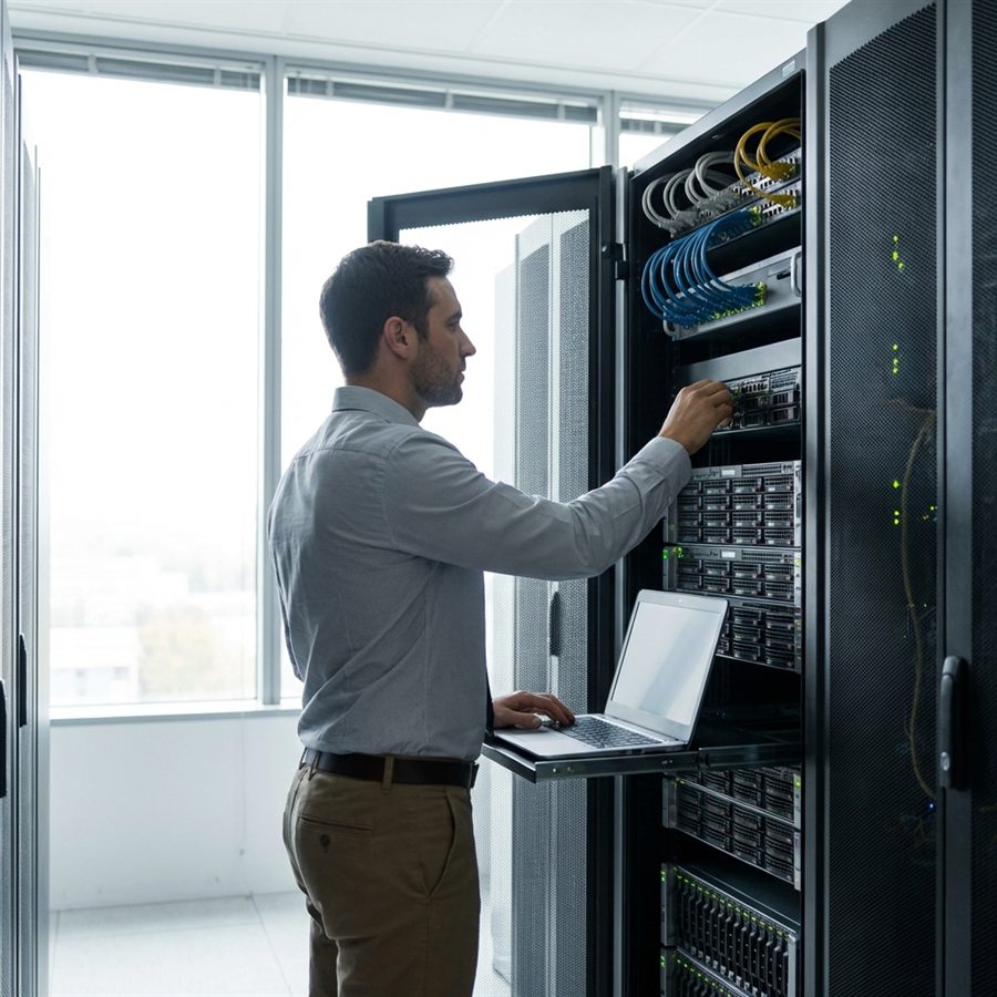 NITRO-IT en intervention devant une baie réseau